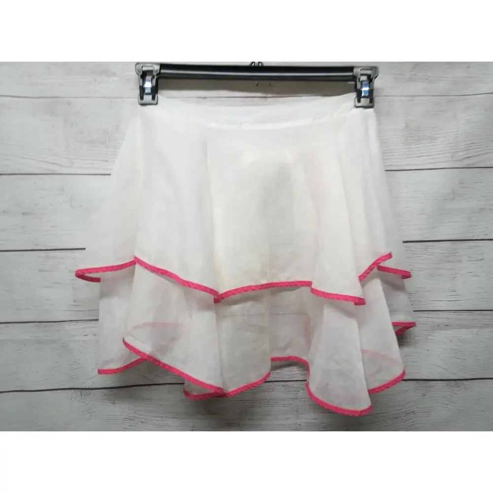 Vintage Waist Apron Sheer White with Pink Trim Layered Ruffle Retro